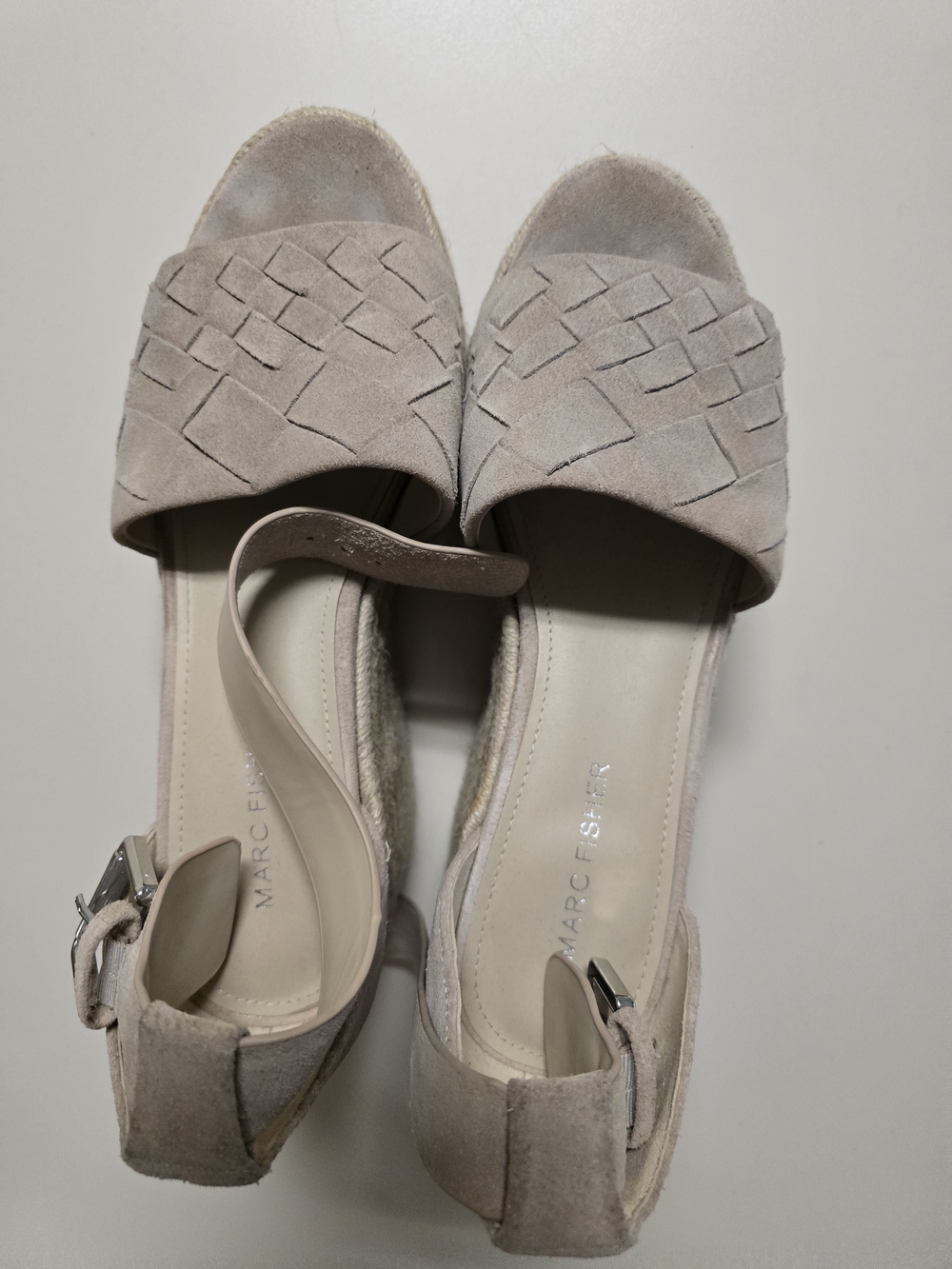 Marc Fisher Woven Suede Open-Toe Wedge Sandals in Light Taupe